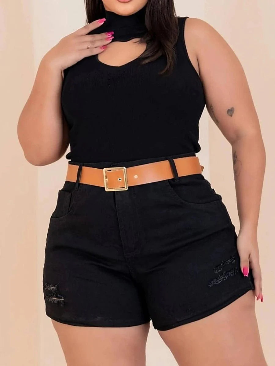 Short Jeans Plus Size Hot-Paint C/ Laycra + Cinto Exclusivo Moda Feminina - Foto Principal