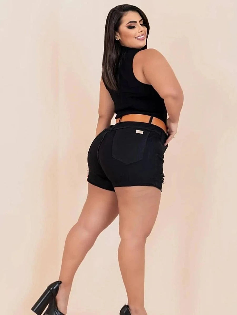 Short Jeans Plus Size Hot-Paint C/ Laycra + Cinto Exclusivo Moda Feminina - Foto Principal
