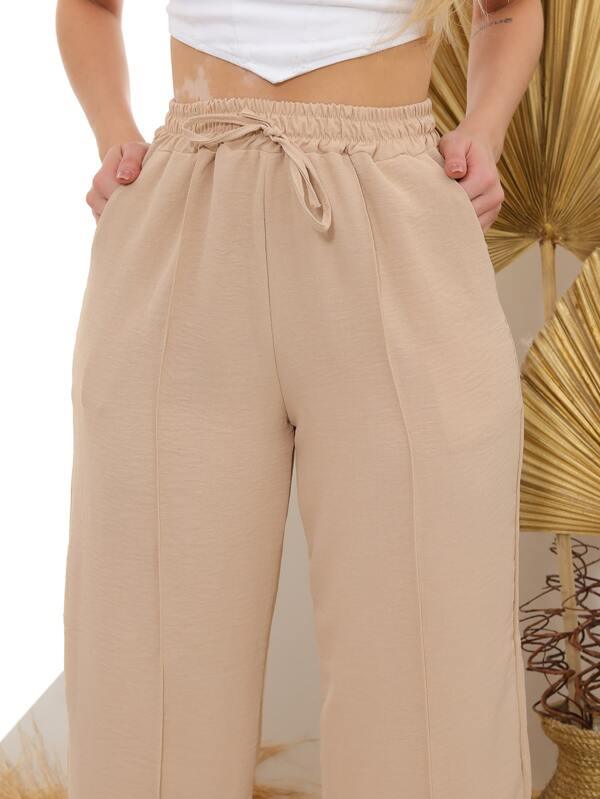 Calça Pantalona Tecido Duna Com Elástico E Cordão Fake Na Cintura Moda Verão - Foto Principal