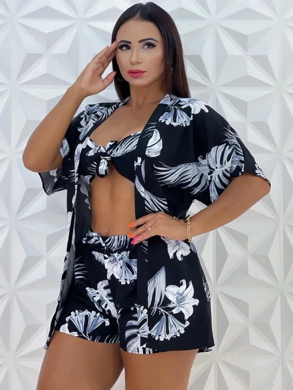 Conjunto 3 Peças Estampada (Kimono+Short+Cropped) Moda Verao - Foto Principal
