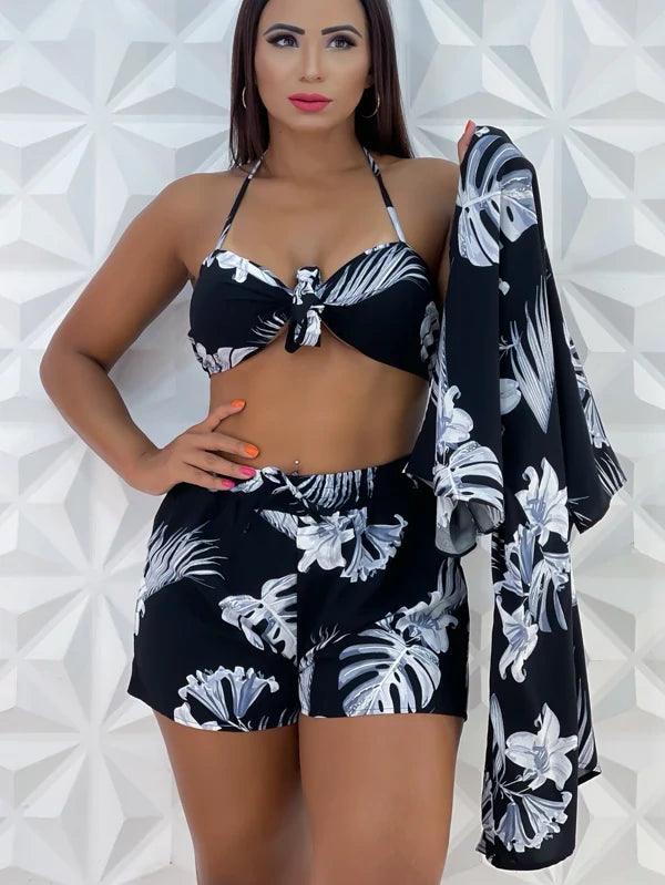 Conjunto 3 Peças Estampada (Kimono+Short+Cropped) Moda Verao - Foto Principal