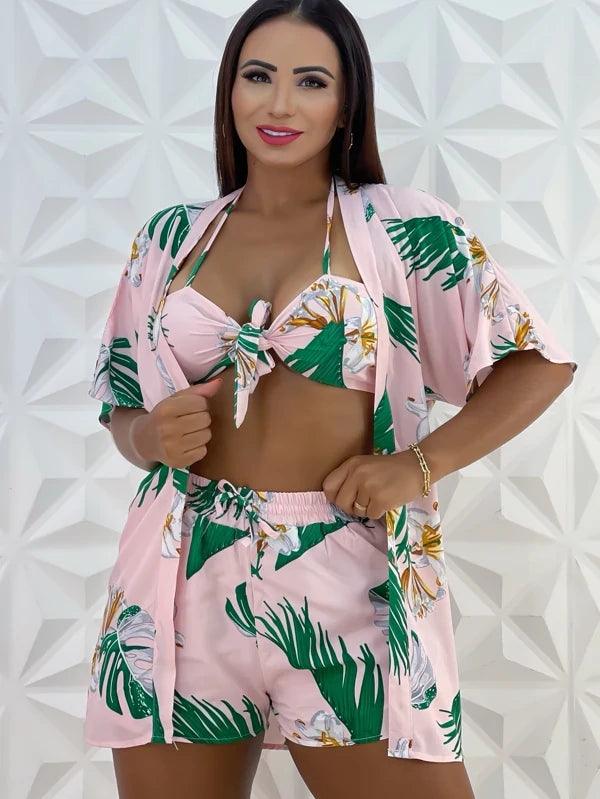 Conjunto 3 Peças Estampada (Kimono+Short+Cropped) Moda Verao - Foto Principal