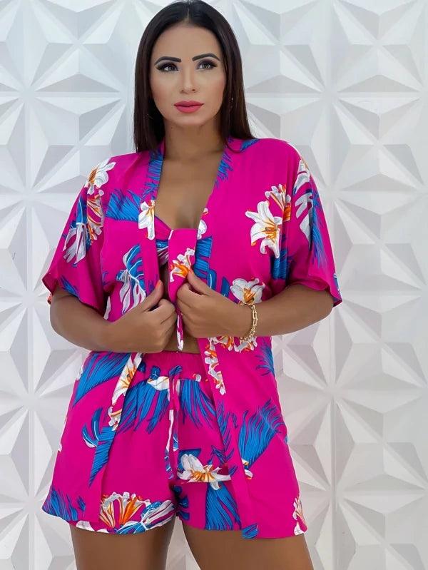 Conjunto 3 Peças Estampada (Kimono+Short+Cropped) Moda Verao - Foto Principal