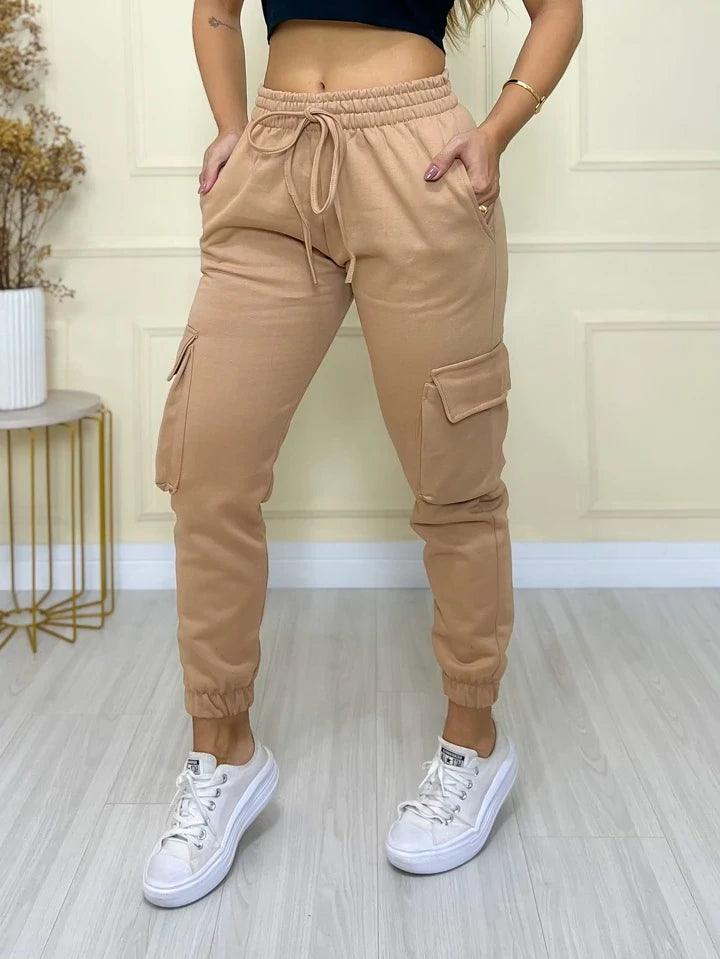 Calça Cargo Moletom Jogger com Bolso Lateral Moda Feminina - Foto Principal
