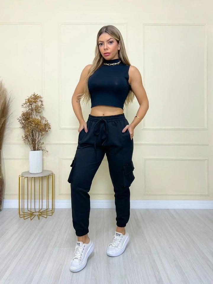 Calça Cargo Moletom Jogger com Bolso Lateral Moda Feminina - Foto Principal