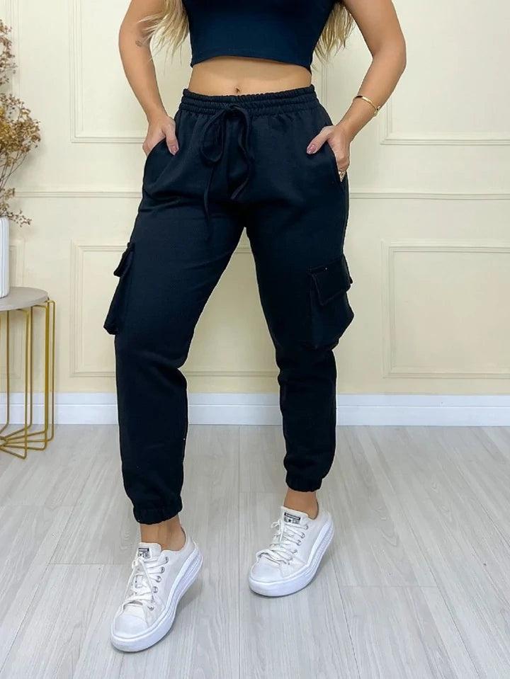 Calça Cargo Moletom Jogger com Bolso Lateral Moda Feminina - Foto Principal