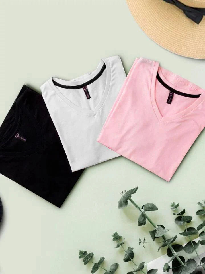 Kit 3 Blusas Blusas Slim Babylook Algodão Gola V Moda Feminina - Foto Principal