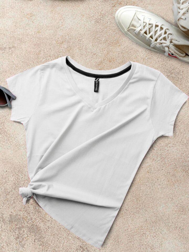 Kit 3 Blusas Blusas Slim Babylook Algodão Gola V Moda Feminina - Foto Principal