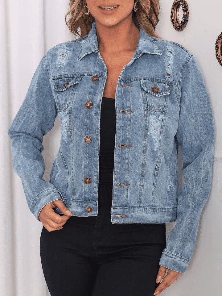 Jaqueta Jeans Com Destroyed Marmorizado Moda Feminina - Foto Principal