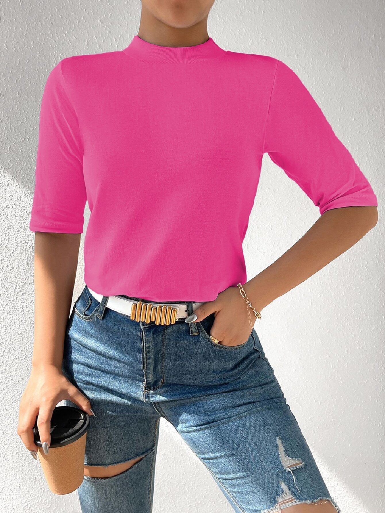 Camiseta T-shirt Com Gola Alta Moda Feminina - Foto Principal