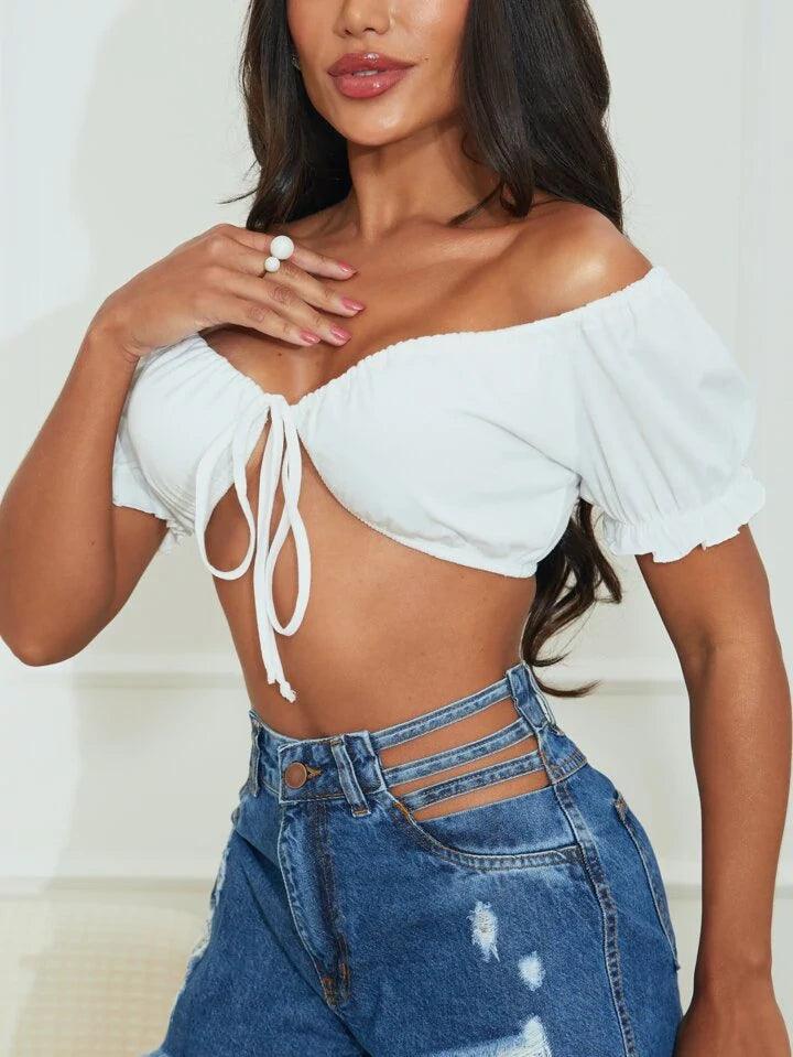 Cropped com Amarração Frontal Decote V Moda Feminina - Foto Principal