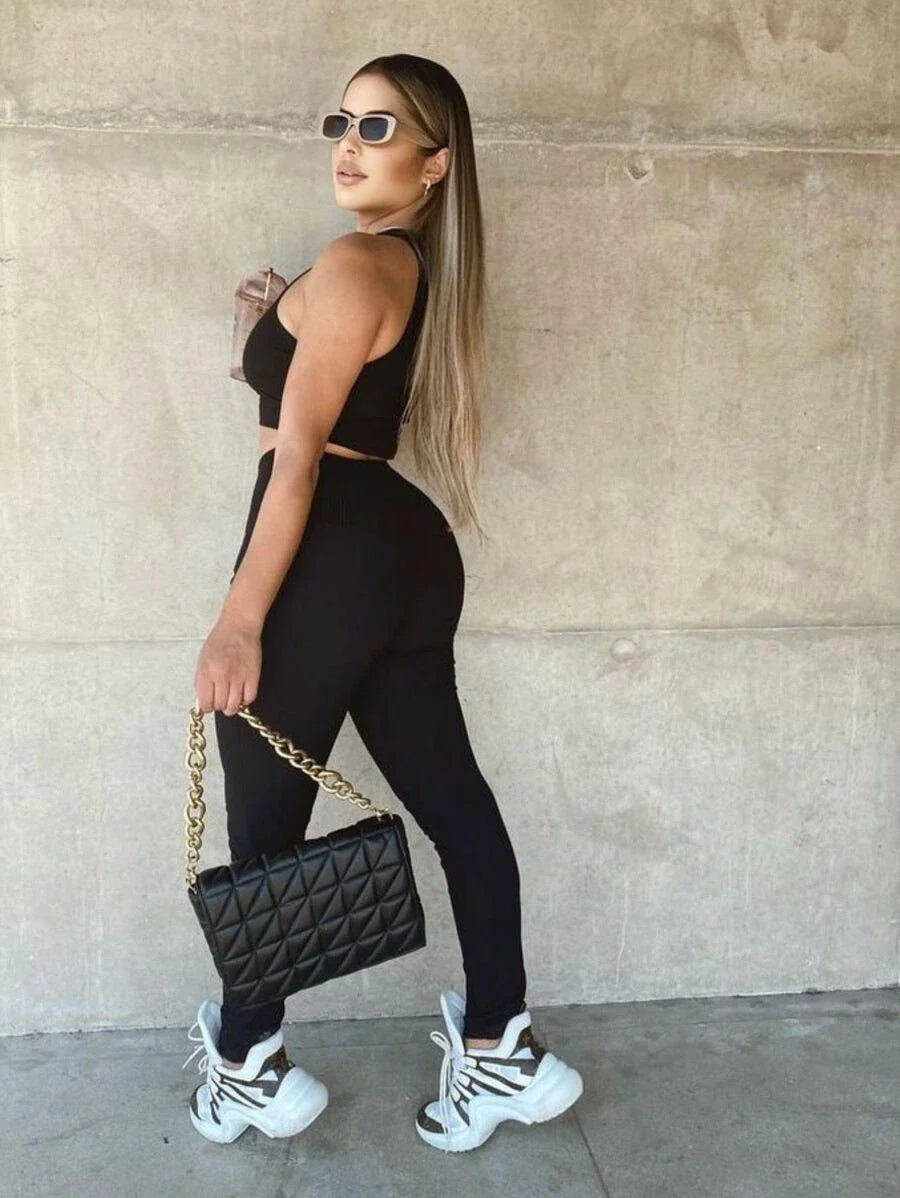 Conjunto Cropped Regata e Calça Cintura Alta Efeito Modelador Moda Feminina - Foto Principal