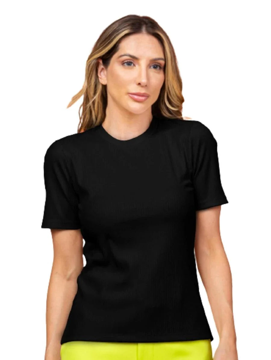 Blusa Preta Basica Canelada Manga Curta Moda Feminina - Foto Principal