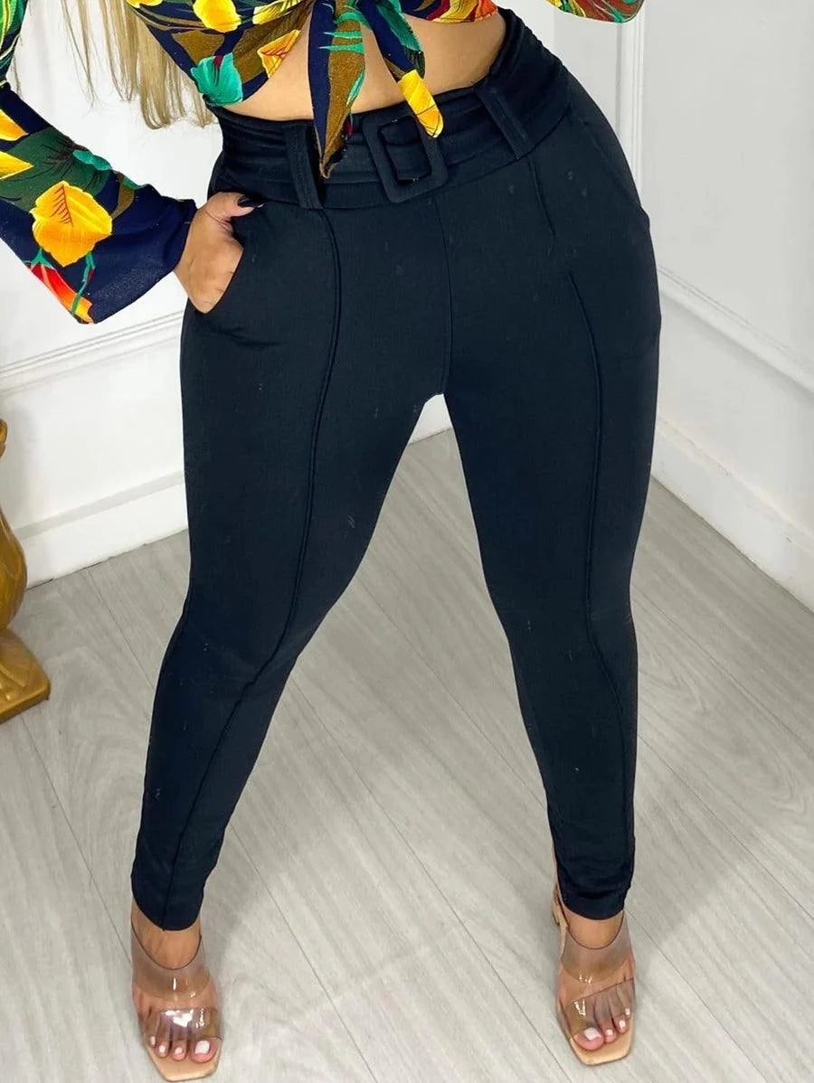 Calça Skinny Malha Crepe Com Cinto Forrado Cintura Alta Moda Feminina - Foto Principal